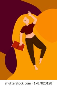 Young woman with long hair laying on her back with the book in her hands. Woman in sport clothes reading and relaxing. Lady dreaming after reading. Background with abstract elements.
