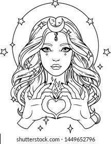 Young woman with long hair making heart sign with her hands. Magical, mystical style. Vector outline for coloring book
