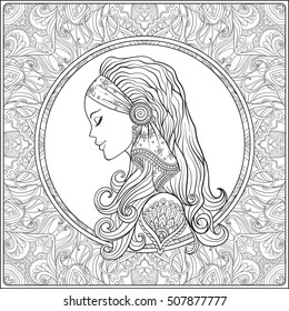  Young woman with long hair in medieval costume on decorative pattern background. Portrait in profile. Stock line vector illustration. Coloring book for adult. Outline drawing coloring page.