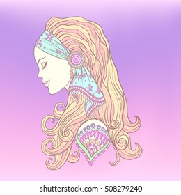 Young woman with long hair in medieval costume. Portrait in profile. The decorative style. Stock line vector illustration.