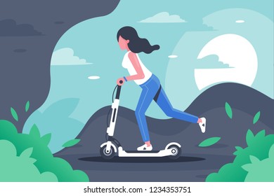 Young Woman With Long Hair On Electronic Scooter. Concept Girl Silhouette Is Engaged In Leisure, Entertainment, Vehicle. Vector Illustration.