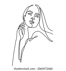 Young woman with long hair in one line art style isolated on a white background. Continuous line icon. Outline minimalist design. Elegant silhouette for cards, textile and decor.  