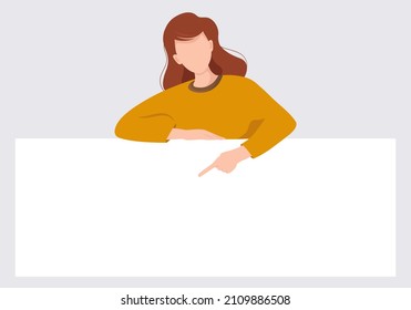 A young woman with long hair points to empty space on a big white banner. Vector illustration in flat style.