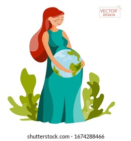 Young woman with long hair pregnant with planet Earth. Illustration in a flat style isolated on white background. Concept of caring for the planet. Earth is our home and our mother. Vector eps10