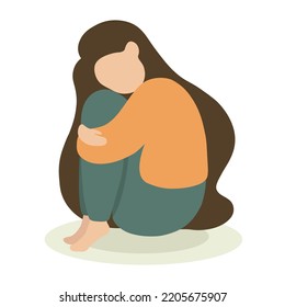 A Young Woman with Long Hair Sits and Hugs Her Knees. The concept of Self-Love, Self-Care and Body Positivity. Illustration in Cartoon Flat Style Isolated on a White Background. Print, Logo, Card.