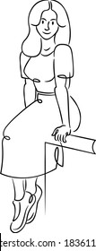 A young woman with long hair is sitting in a dress. Continuous single line.Flat sketch line design style minimal artline ink vector illustration.