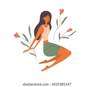 Young woman with long hair sitting among flowers. Self care, love yourself, body positive concept. Female person enjoy spring or summer time. Womens day card. Flower, beauty nature vector illustration