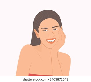 Young woman with long hair smiles happily with clear skin.Vector illustration.