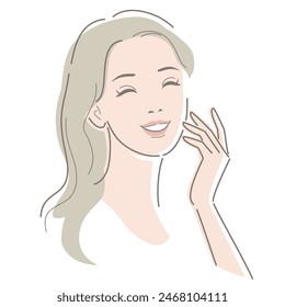 Young woman with long hair is smiling and touching her cheek feeling happy. Vector illustration in line drawing, isolated on white background.