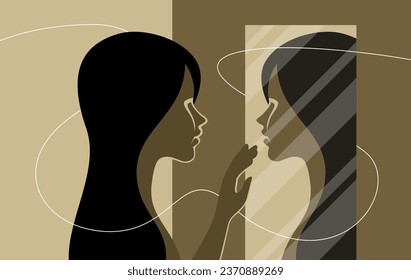 Young woman with long hair standing and looking at her reflection in a mirror. Self confidence and self awareness concept. Vector illustration