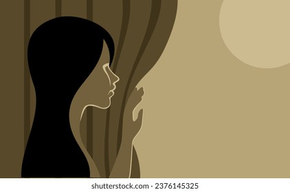 Young woman with long hair standing and looking out the window