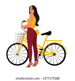 A young woman with long hair stands next to a bicycle. The girl holds the bike, going to ride. Supervisor illustration, flat style.
