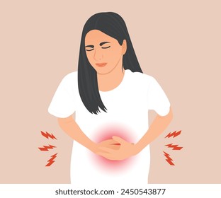 Young woman with long hair suffers from abdominal pain due to gastritis or menstrual cramps. Vector illustration.