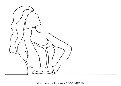 Young woman with long hair thinks. Holds a finger near the head. Idea. One line drawing isolated vector object by hand on a white background