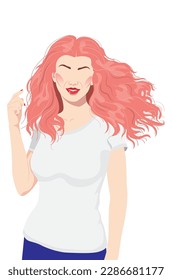 Young woman with long hair wear white t shirt and blue pants.