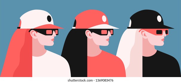 Young woman with long hair wearing baseball cap and sunglasses. Set of female characters, profile face, blue background. Vector illustration