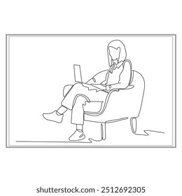 Young Woman With Long Hair Working On Laptop. Working at office with using computer.