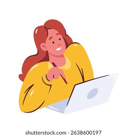 Young woman with long hair in yellow sweater writing on laptop, holding pen. Flat cartoon doodle style. Vector illustration for education, studying, blogging, or remote work design