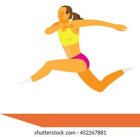 young woman is long jumper carries far jump