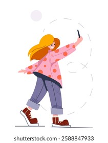 Young woman with long orange hair wearing pink polka-dot sweater and jeans taking selfie with her smartphone. She is smiling and walking. Concept of social media self-expression. Vector illustration