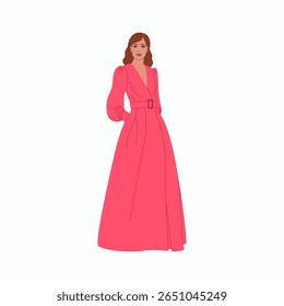 Young woman in a long pink evening dress. Cute girl in a formal stylish outfit for party or celebration. Hand drawn vector illustration isolated on white background, modern flat cartoon style.