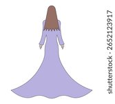 Young woman in long purple evening dress. Back view. Vector illustration. Tall brunette lady with long hair. Isolated white background. Cartoon style. Idea for web design.
