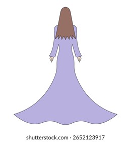 Young woman in long purple evening dress. Back view. Vector illustration. Tall brunette lady with long hair. Isolated white background. Cartoon style. Idea for web design.