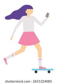 Jovem mulher com cabelo roxo longo, vestindo uma saia rosa, meias brancas e sapatos cor-de-rosa, skate e usando seu smartphone, isolada em fundo branco