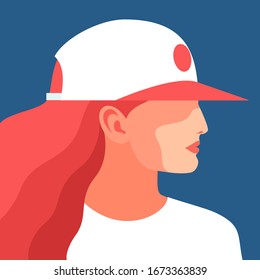 Young woman with long red hair wearing baseball cap and t-shirt. Female character, side view. Vector illustration