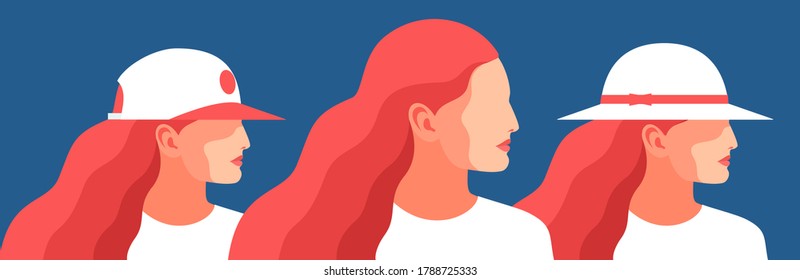 Young woman with long red hair wearing baseball cap and hat. Set of female avatars, side view, blue background. Vector illustration