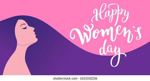 Young woman with long violet hair on a pink background.  Portrait.  Original handwritten lettering Happy Women's day.  Vector illustration in flat cartoon style for web and print projects.