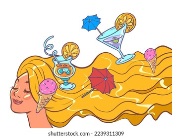 young woman with long yellow hair drinking cocktails alcohol