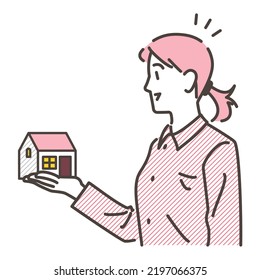 Young Woman Longing For Her Own Home With A House In The Palm Of Her Hand [Vector Illustration].