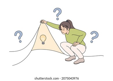 Young woman look behind cover look for business idea solution. Confused girl feel frustrated doubtful search for innovative information. Innovation, problem solving concept. Vector illustration. 