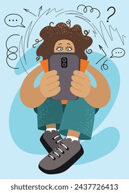 Mujer joven mira la pantalla del teléfono celular sorprendida por un mensaje increíble en línea. Ilustración vectorial.