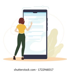 Young woman look in To Do list. Female and big mobile phone. 