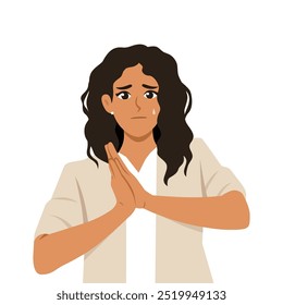 Young woman look holding palms pressed together, asking for forgiveness. Flat Vector Character illustration