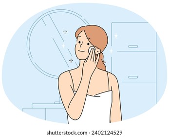 Young woman look in mirror in bathroom do daily beauty procedures. Smiling female perform face skincare routine in bath. Vector illustration.