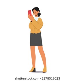 Young Woman Look on Screen of Mobile Phone, Pass Identification or Recognition, Communicating via Video Conference Connection, Female Character Chatting or Reading Sms. Cartoon Vector Illustration
