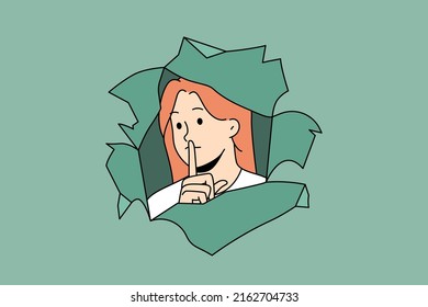 Young woman look through paper hole keep finger at lips ask for silence. Girl beg for being quiet and silent. Keep secret and not talk much. Censorship concept. Vector illustration. 