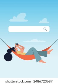 Young woman looking in binocular on search bar. Girl is lying in a hammock. Flat style cartoon vector illustration. 