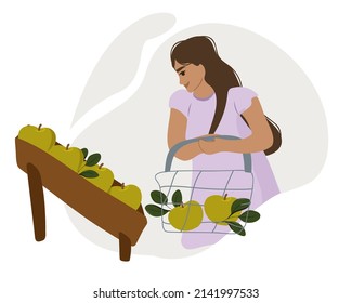 A young woman is looking for and buying fresh organic fruits, green apples. Vector illustration, hand drawn, doodle.