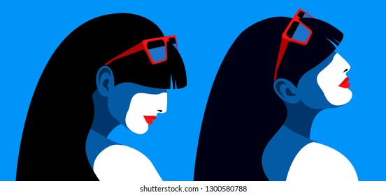 Young woman looking up and down. Two abstract female portraits, side view, long black hair, sunglasses. Vector illustration