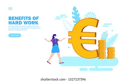 young woman looking at euro sign with coins