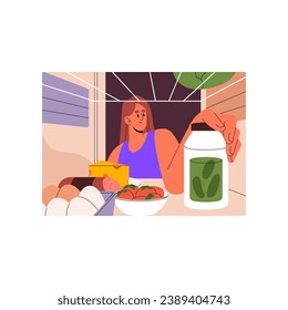 Joven mirando en el interior del frigorífico. Chica nevera abierta con gran variedad de comida. Las mujeres eligen comer, ingredientes en estanterías para cocinar en la cocina de casa. Ilustración vectorial plana