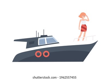 Young woman looking in future for searching and vision goal, opportunities and strategy for business success. Girl stands on bow of yacht and see far ahead. Vector flat illustration