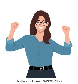 Young woman looking happy and celebrating victory. Flat vector illustration isolated on white background