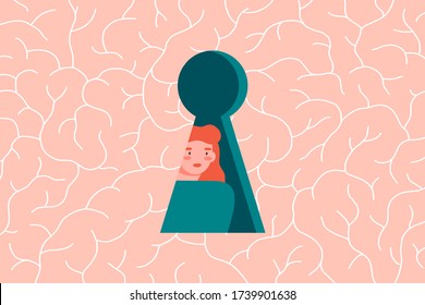 Young woman looking at her brain via keyhole. Discover yourself, self care, self knowledge, mental health concept. Flat vector illustration in cartoon style.