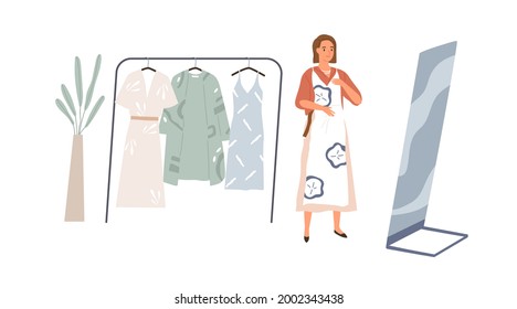 Young woman looking at her mirror reflection, choosing dress to wear. Female character and hanger rack with wardrobe of fashion stylish summer clothes. Flat vector illustration isolated on white