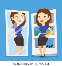 Young woman looking at herself in a mirror in dressing room. Young girl trying on skirt in dressing room. Happy woman choosing clothes in dressing room. Vector flat design illustration. Square layout.